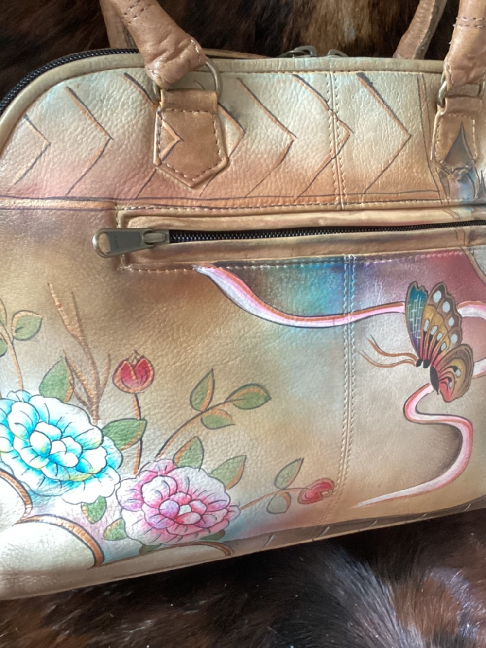 Beautiful Anuschka Butterfly Flower Design Leather Top Handle Carry Handbag🦋🦋 - Picture 4 of 13